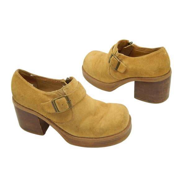 Y2K SKECHERS Tan Suede Platform Chucky Heel Loafer Size 7 - Picture 1 of 8